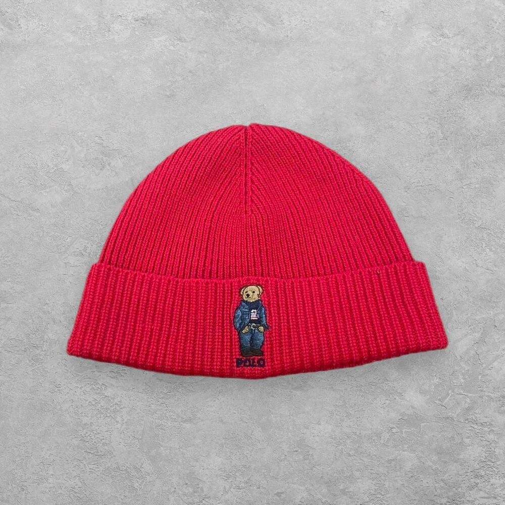 Polo Ralph Lauren Polo Bear Denim College Beanie Red One Size Preppy